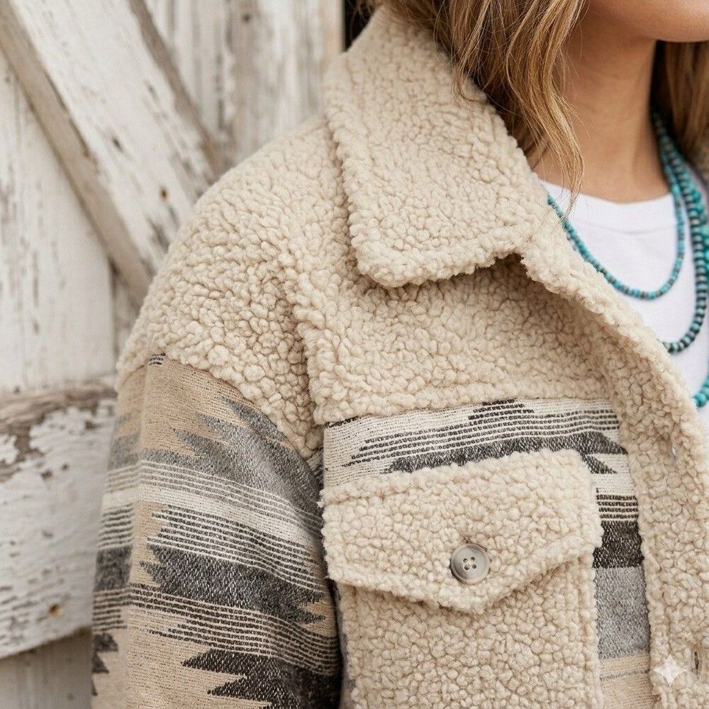 GOOD New In Aztec Sherpa Shacket L Southwestern Western boho cabincore - Picture 8 of 14